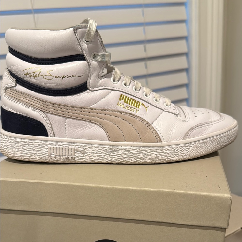 Puma White and Tan Retro Court Sneakers Ralph Sampson Mid OG white